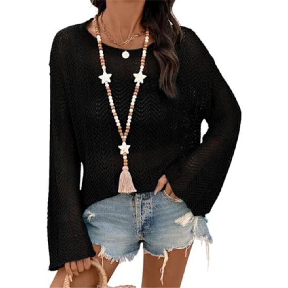 Black Crochet Beach Cover Up Bell Sleeve Mesh Sweater - Picture 3 of 9
